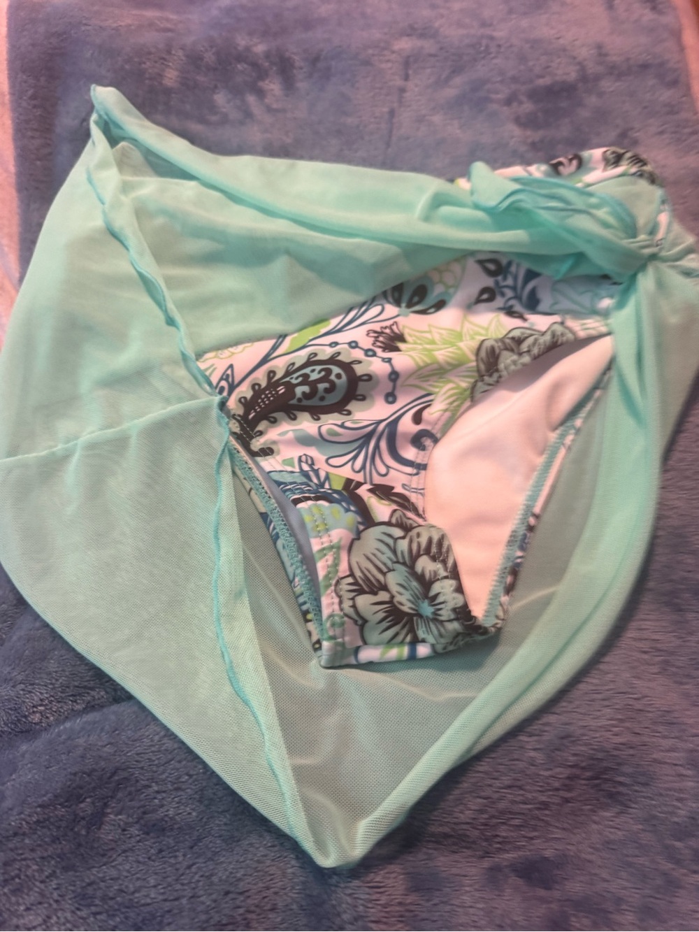Aqua Floral Bikini Bottom with Sheer Tie Cover
